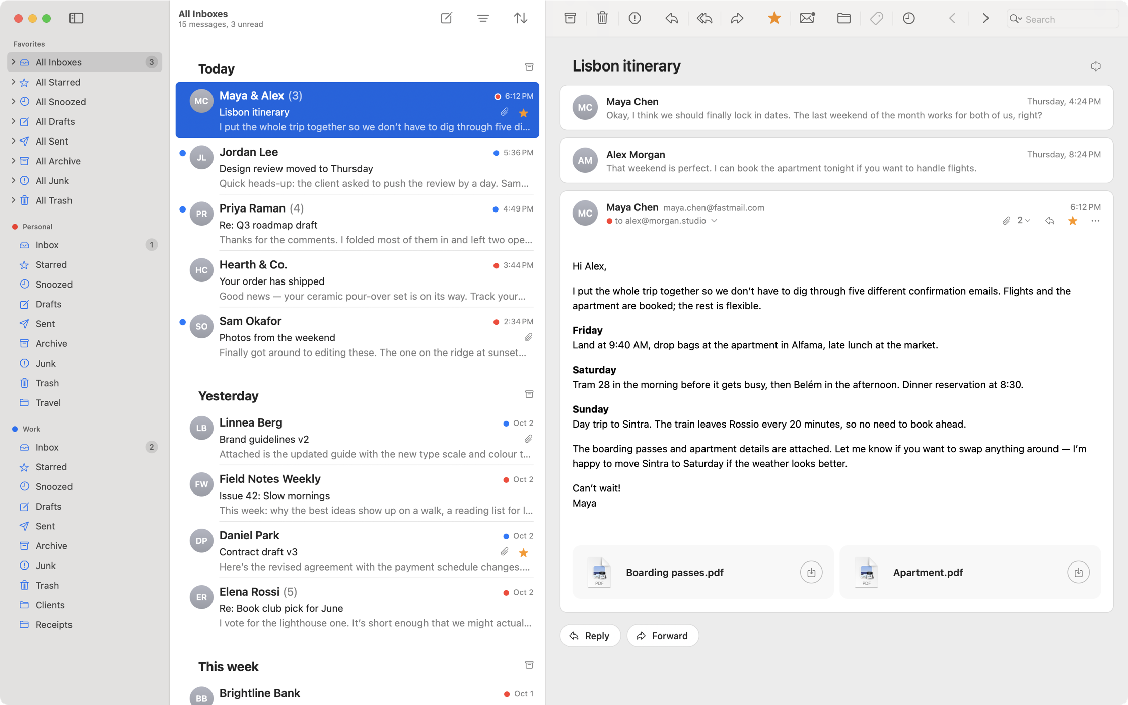 Postmaster showing mailboxes in the sidebar, messages grouped by date and an open conversation.